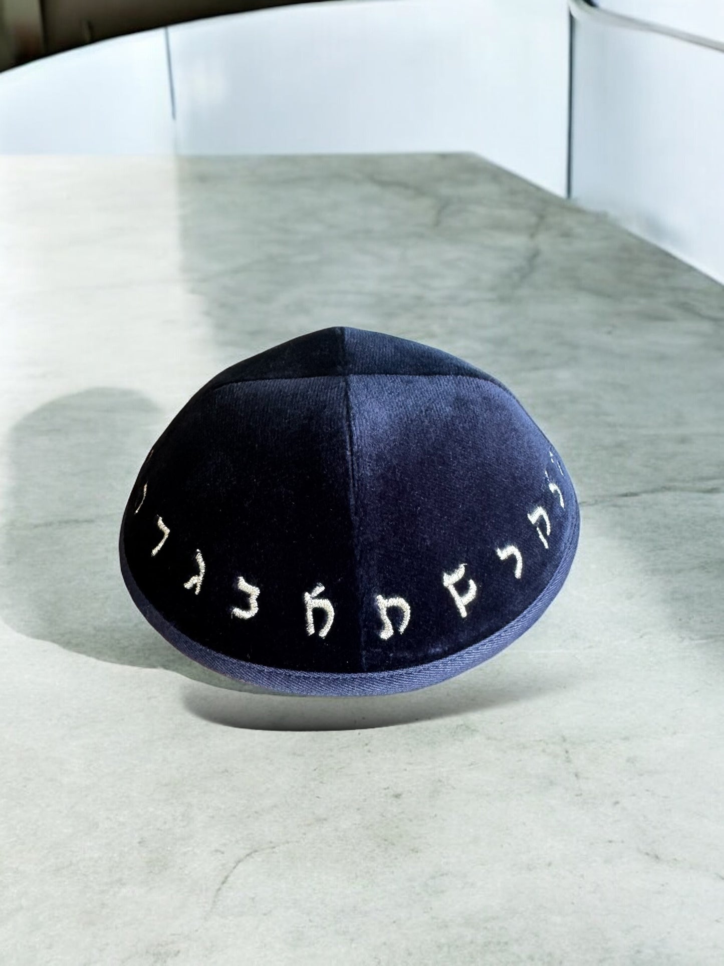 Velvet Kippah with Embroidered Hebrew Rashi Alphabet and Hair Clip